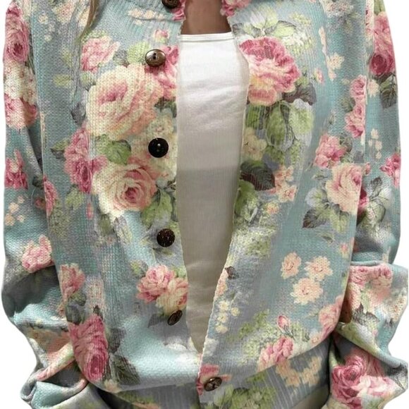 Sweaters - Women's Floral Print Button Down Cardigan Sweater Long Sleeve Lightweight Fall O